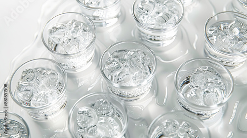 Top-down photorealistic image of multiple glasses filled with sparkling water and ice cubes. The image captures the effervescence and refreshing nature of the beverage.