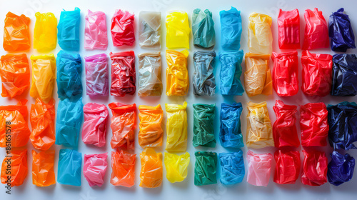 Top-down photorealistic image of an array of multicolored plastic bags neatly arranged in rows. The vibrant colors and textures of the bags create a visually striking and organized pattern.