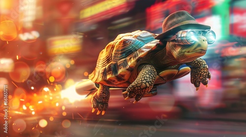 Shocked expression turtle, riding rocket in street city, wearing trendy outfit, sunglasses and hat, fast motion, 3d photo
