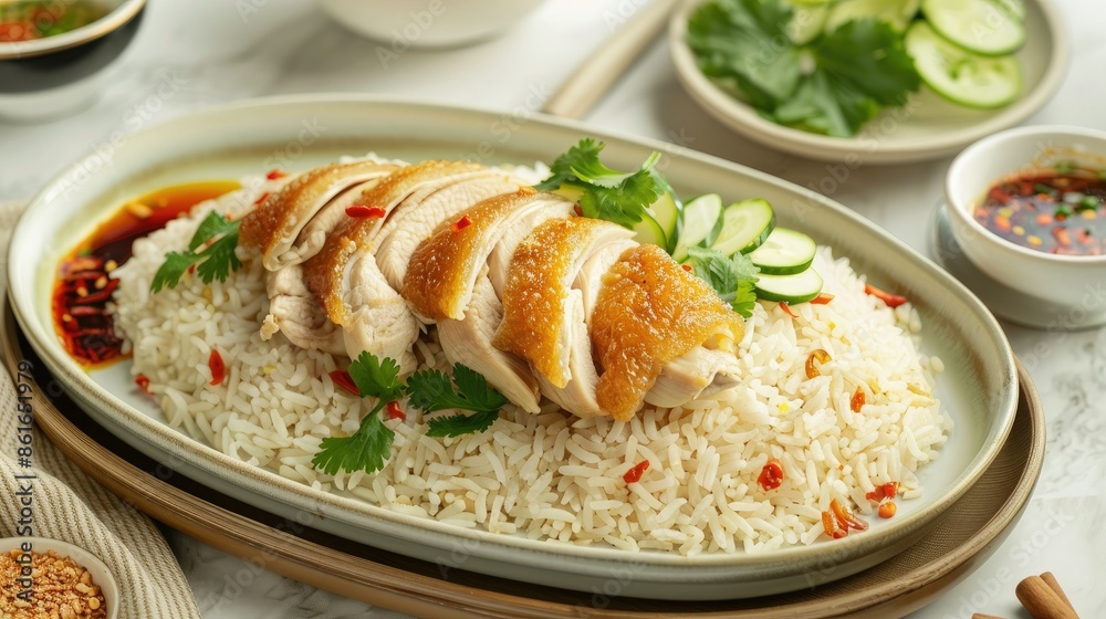Delicious Hainanese chicken rice with crispy fried chicken, served with garlic-ginger rice and chili sauce Delicious Hainanese chicken rice with crispy fried chicken, served with garlic-ginger rice and chili sauce