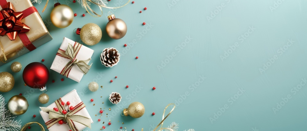Fototapeta premium Christmas themed flat lay with ornaments and gift boxes, teal background, holiday spirit, gold and red colors