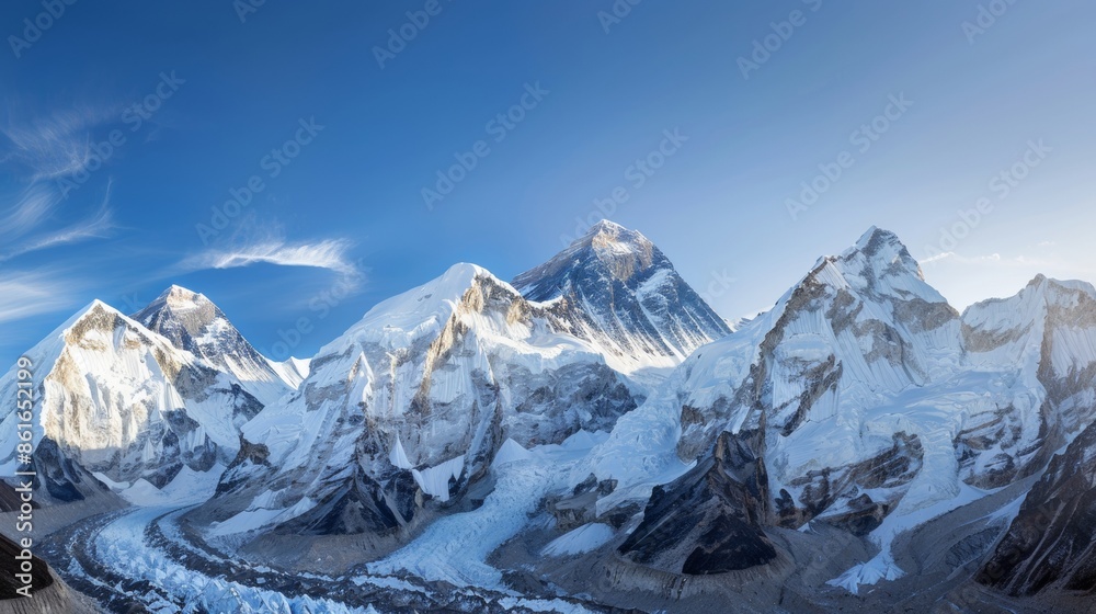 Fototapeta premium Majestic Sunrise Over Snow-Capped Mount Everest, Panoramic View of Glowing Golden Peaks and Clear Blue Sky
