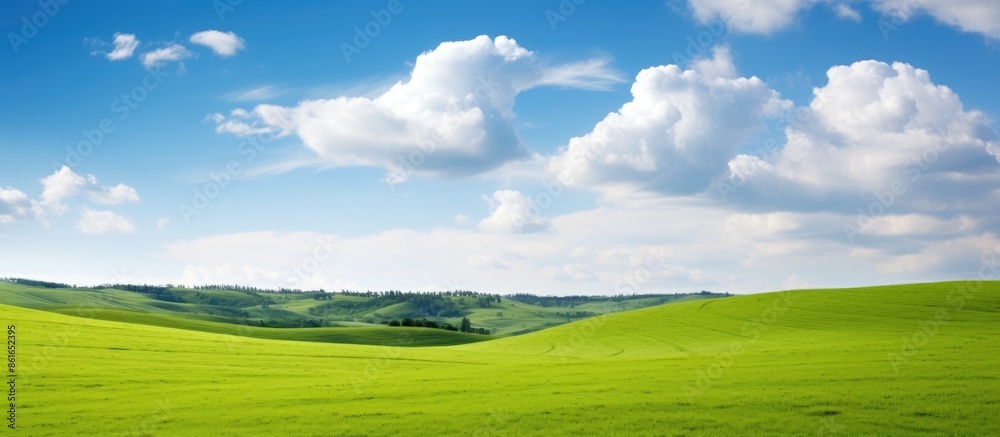Fototapeta premium Sunny field landscape with lush green grass, offering a serene view with copy space image.