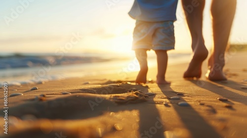 Fototapeta Naklejka Na Ścianę i Meble -  Barefoot dad and son on sandy beach, close-up legs, summer day, nature, outdoor activity