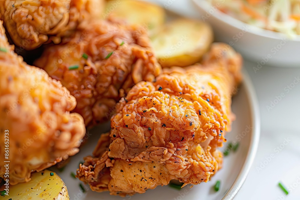 Close-up of crispy fried chicken drumsticks served with potato wedges and a side of coleslaw, perfect comfort food meal. Close-up of crispy fried chicken drumsticks served with potato wedges and a side of coleslaw, perfect comfort food meal.