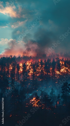 Raging Forest Fire with Billowing Smoke Highlighting Climate Change Crisis