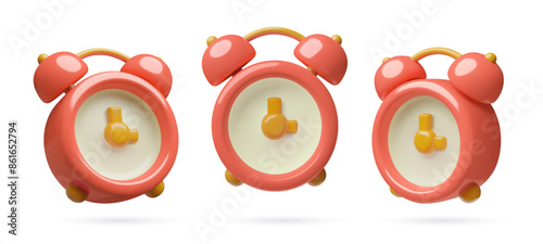 3d red alarm clocks vector icons set. Time concept cute minimal plastic three dimensional vector objects collection isolated on white background.
