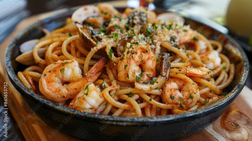 Flavorful seafood drunken spaghetti with a mix of shrimp, squid, and clams Flavorful seafood drunken spaghetti with a mix of shrimp, squid, and clams