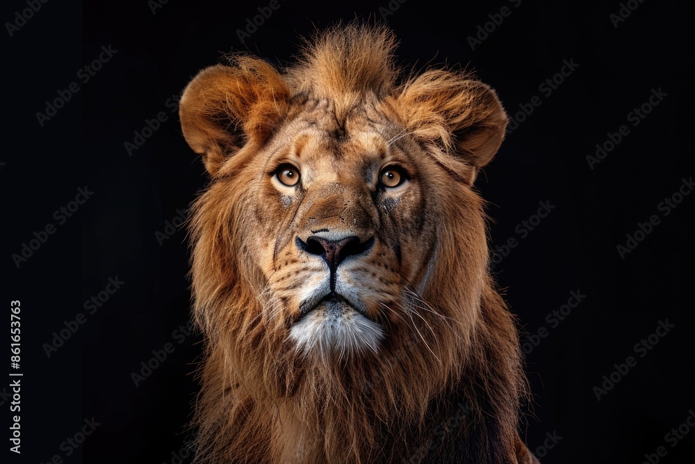 Obraz premium A close-up shot of a lion's face against a dark background, suitable for use in wildlife or nature-related themes