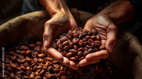 Fototapeta Naklejka Na Ścianę i Meble -  Close up of hands holding coffee beans,coffee,harvesting,agriculture