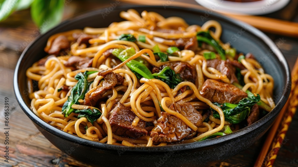 Flavorful stir-fried large noodles with soy sauce and sliced beef Flavorful stir-fried large noodles with soy sauce and sliced beef