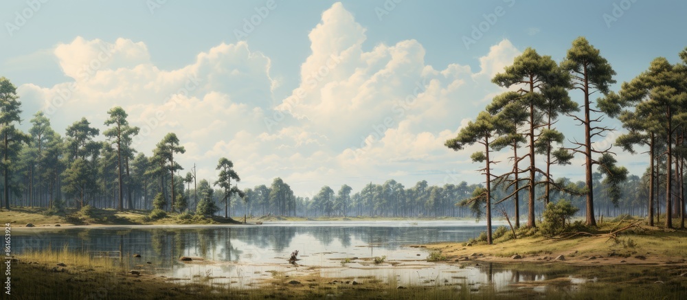 Obraz premium Ancient pines stand by a lake in a marshy area, providing a picturesque landscape with potential for a copy space image.