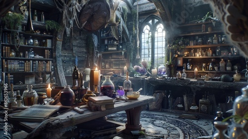 Witch's workshop filled with potions, spell books, and magical artifacts AI generated