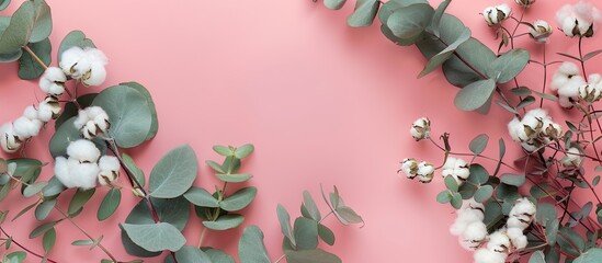 A flower arrangement featuring eucalyptus leaves and cotton flowers on a soft pink surface with a top-down perspective and room for text or other elements in the image. with copy space image