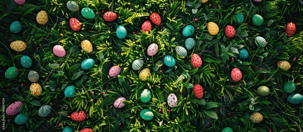 A vibrant array of Easter eggs scattered across a lush green spring meadow for a Christian egg hunt, captured in an aerial view with ample copy space.