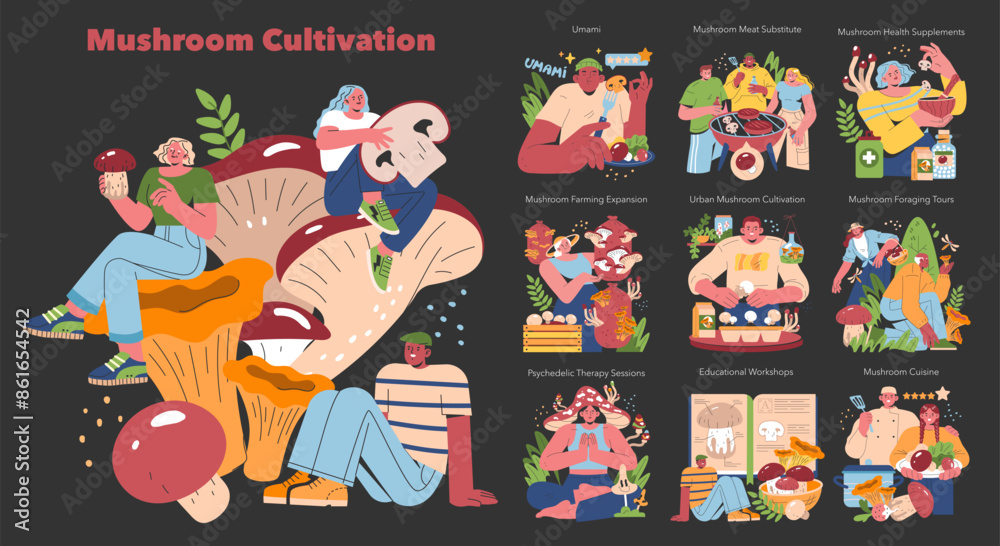 Fototapeta premium Mushroom Cultivation. Flat Vector Illustration
