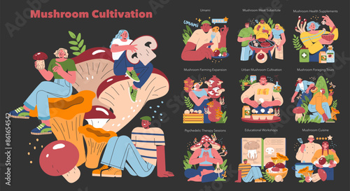 Mushroom Cultivation. Flat Vector Illustration