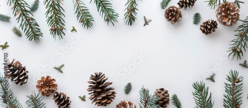 Top view winter-themed arrangement with pine branches, pine cones on white backdrop, ideal for Merry Christmas and Happy New Year concepts, providing ample copy space image. photo