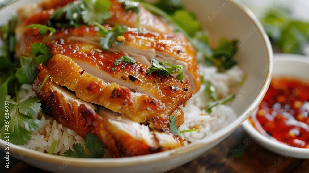 Hainanese chicken rice with crispy fried chicken, garnished with fresh cilantro and chili sauce Hainanese chicken rice with crispy fried chicken, garnished with fresh cilantro and chili sauce