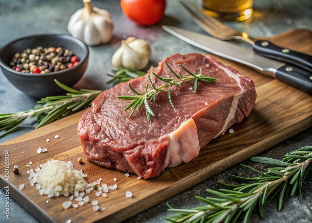 a wood board with a cut of raw meat and spices on it a wood board with a cut of raw meat and spices on it