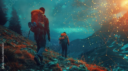 Hikers with smart camping gear in a tech infused wilderness photo