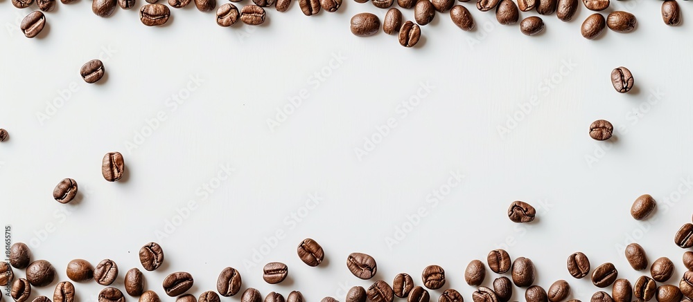 Top-down view of coffee beans creating a border on a white background, offering space for text. Ideal for a flat lay composition with a copy space image. Top-down view of coffee beans creating a border on a white background, offering space for text. Ideal for a flat lay composition with a copy space image.