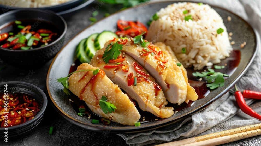 Hearty Hainanese chicken rice with fried chicken, served with garlic-ginger rice and spicy chili sauce Hearty Hainanese chicken rice with fried chicken, served with garlic-ginger rice and spicy chili sauce