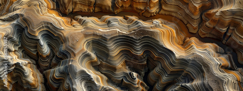 A dramatic alluvial fan, with layers of sediment deposited by ancient rivers, now carved into intricate patterns by erosion and weathering