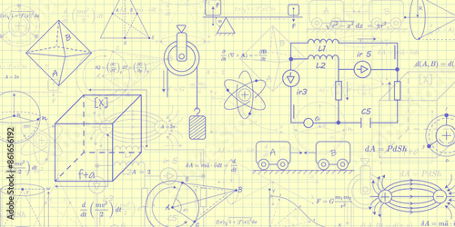 School notebook sheet with formulas.Physics and mathematics . Scientific research. Vector illustration.