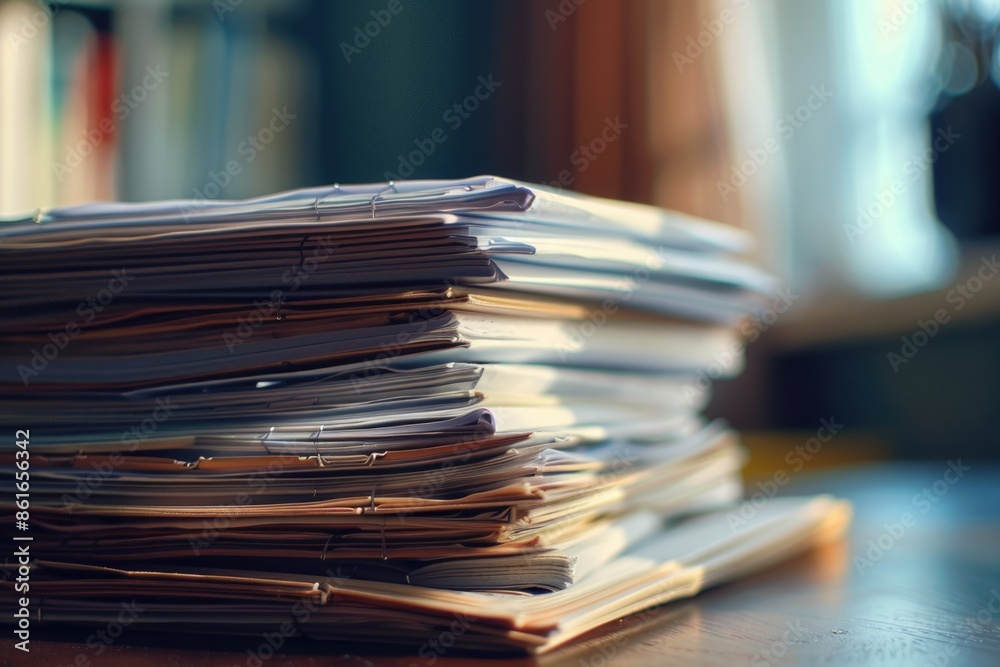 A stack of papers on a wooden table, possibly for organization or study A stack of papers on a wooden table, possibly for organization or study