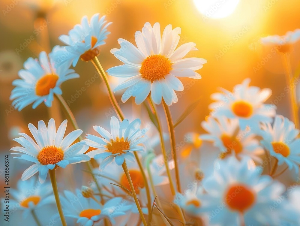White daisies in meadow, focus on setting sun, blurred background, golden hour warmth, sunset light White daisies in meadow, focus on setting sun, blurred background, golden hour warmth, sunset light
