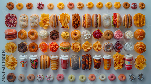 A top-down, wide-angle, photorealistic image showcasing a diverse array of assorted snacks and sweets. The colorful and varied selection includes donuts, cookies, pastries, candies, chips, and dried f