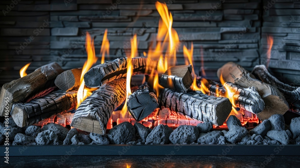 Long exposure shot of flames dancing in a gas fireplace with realistic ceramic logs Long exposure shot of flames dancing in a gas fireplace with realistic ceramic logs