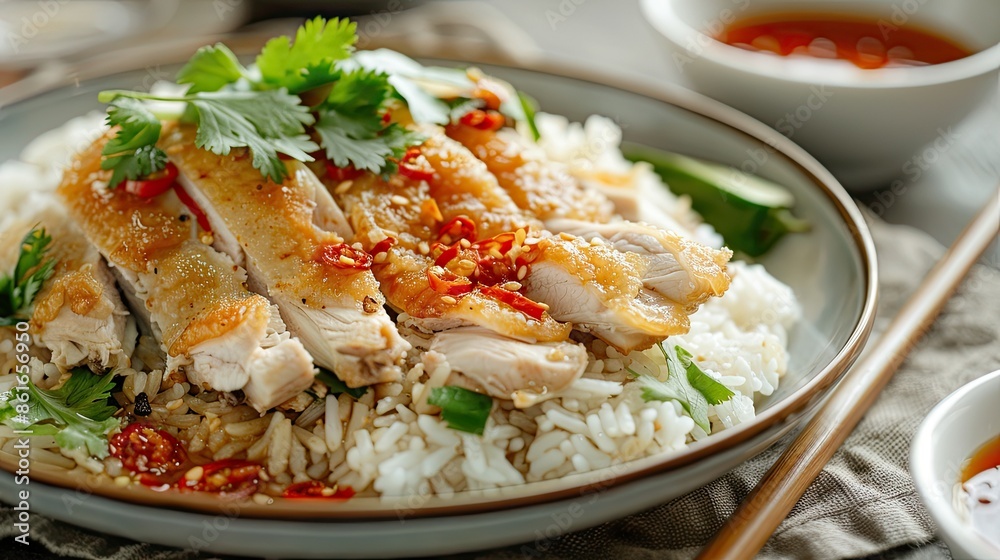 Plate of Hainanese chicken rice with crispy fried chicken, garnished with cilantro and chili sauce Plate of Hainanese chicken rice with crispy fried chicken, garnished with cilantro and chili sauce