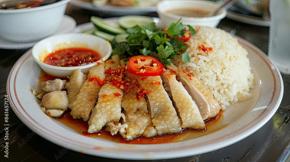 Plate of Hainanese chicken rice with fried chicken, served with fragrant oily rice and chili sauce Plate of Hainanese chicken rice with fried chicken, served with fragrant oily rice and chili sauce