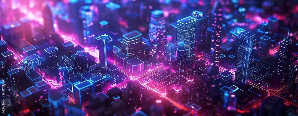 Innovative smart city with blue and purple glowing elements Innovative smart city with blue and purple glowing elements