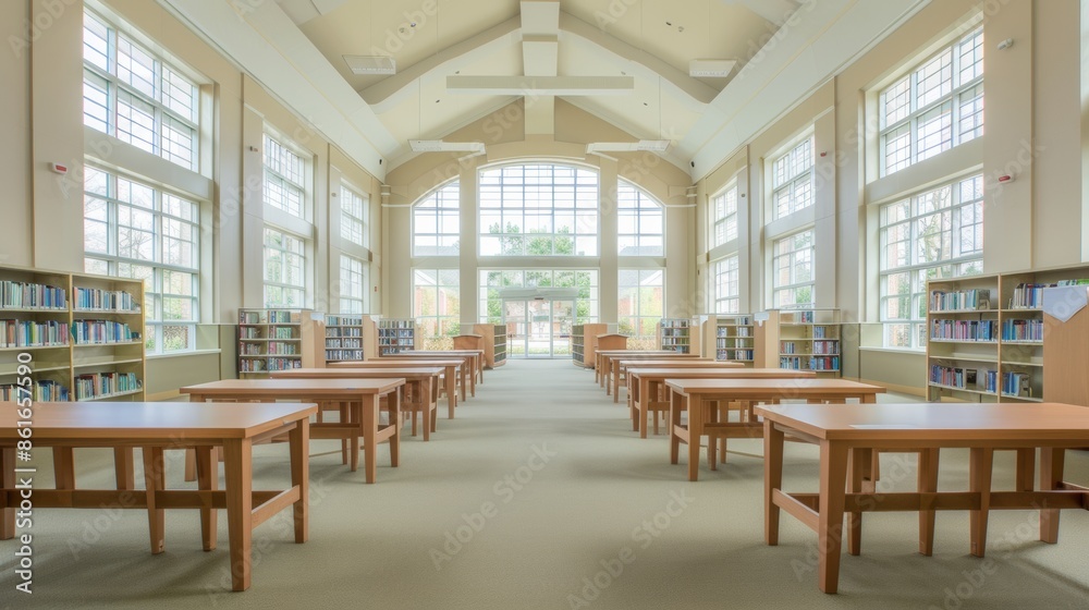 Naklejka premium Serene College Library with Students Studying in Morning Light Focused Academic Atmosphere