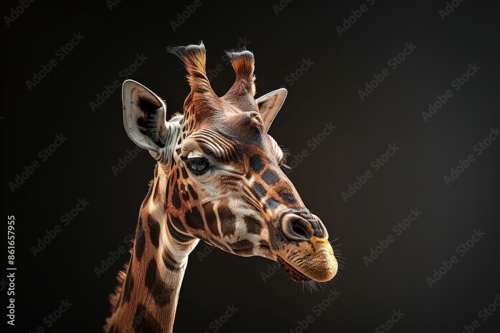 Obraz premium A close-up shot of a giraffe's head against a dark backdrop
