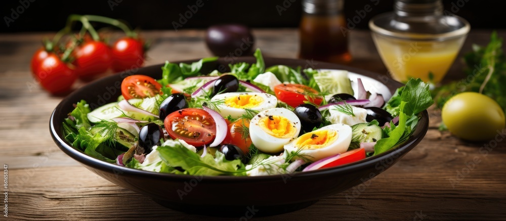 Salad with olives, cucumbers, tomatoes, cheese, sauce, and a boiled egg on the side. Ample copy space image available.