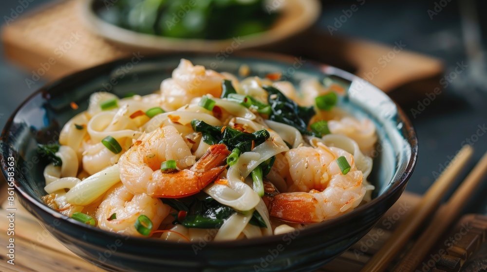 Stir-fried large noodles with soy sauce, shrimp, and bok choy Stir-fried large noodles with soy sauce, shrimp, and bok choy