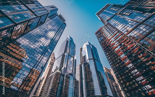 Reflective skyscrapers, business office buildings.