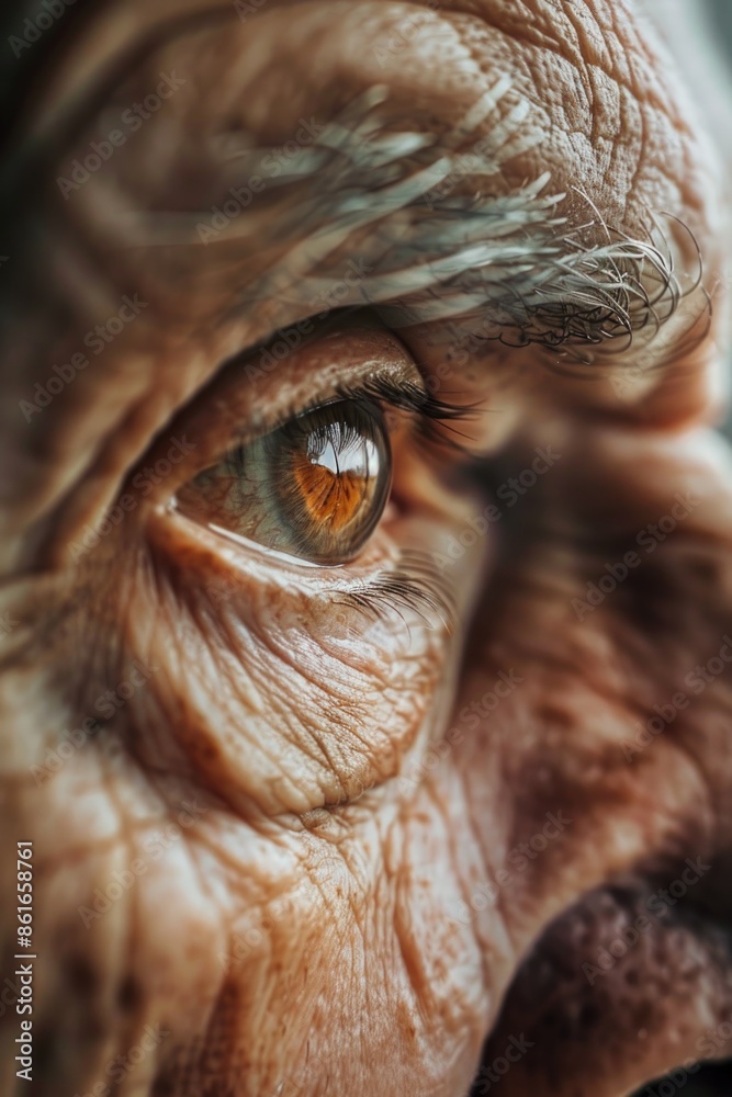 Obraz premium A close-up view of an elderly person's eye with wrinkles and age-related features