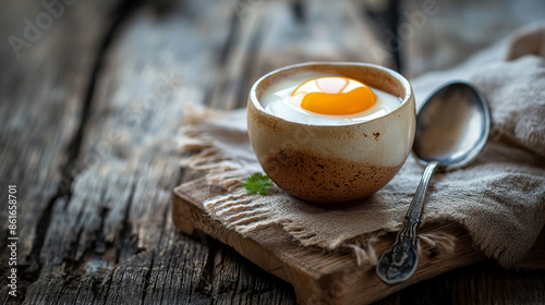 Close-up de um ovo cozido em um copo de ovo, com uma colher pronta para colher a gema, sobre uma mesa de madeira rústica photo