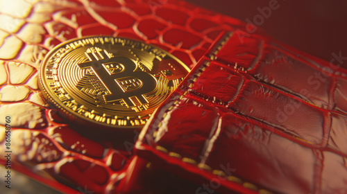 Close-up of a shiny golden Bitcoin coin embedded in luxurious red leather with a crocodile pattern.