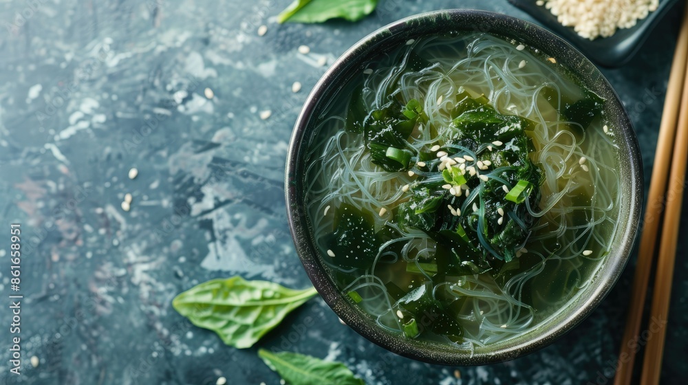 Traditional Thai clear seaweed soup with glass noodles, ready to serve Traditional Thai clear seaweed soup with glass noodles, ready to serve