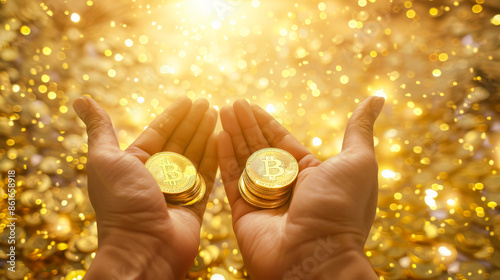A luxurious scene where two hands gracefully hold stacks of golden Bitcoin coins against a sparkling, golden background.