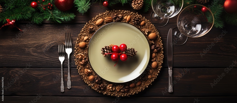 Christmas table setting with a glass cutting board featuring a Christmas wreath, accompanied by walnuts and cutlery, in a festive ambiance for a copy space image. Christmas table setting with a glass cutting board featuring a Christmas wreath, accompanied by walnuts and cutlery, in a festive ambiance for a copy space image.