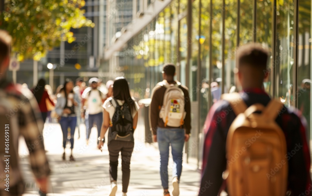 Vibrant Campus Life Diverse Students Walking, Talking in Sunny University Setting Vibrant Campus Life Diverse Students Walking, Talking in Sunny University Setting