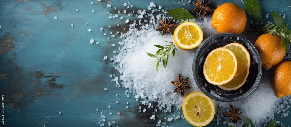 Aromatic sea salt infused with citrus scents for spa treatments, photographed from the top with a free copy space image. Aromatic sea salt infused with citrus scents for spa treatments, photographed from the top with a free copy space image.