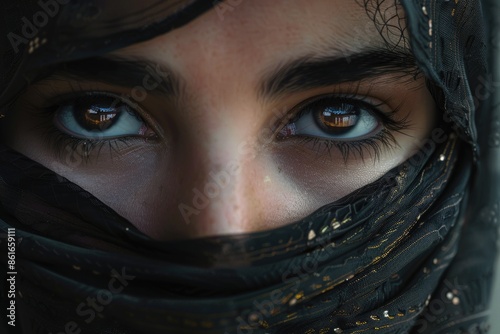 A close-up of a woman's eyes with a veil covering her face, suitable for use in portraiture or as a symbol